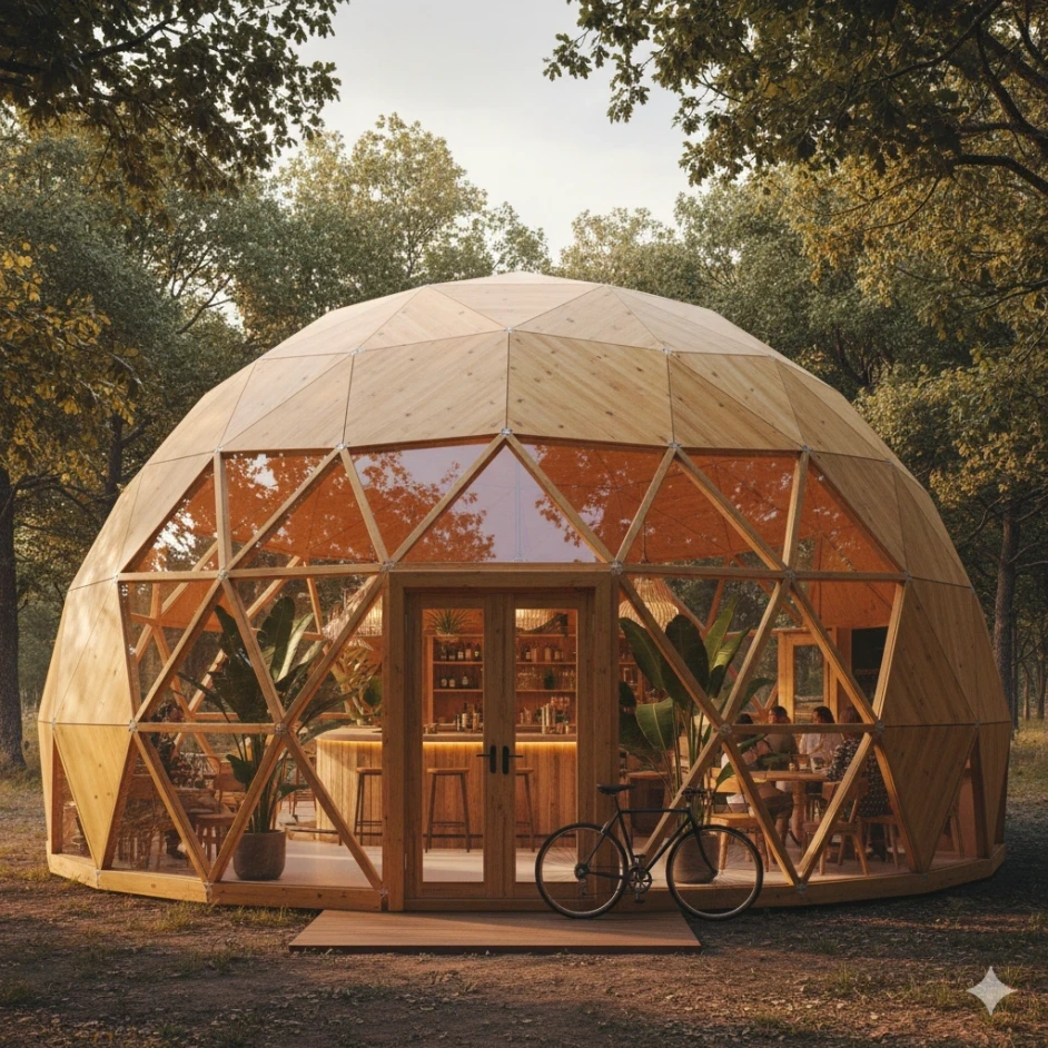 Render del domo geodésico principal de Naturmanera